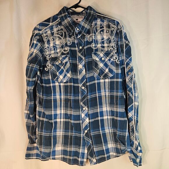 Pop Icon Clothing Blue Plaid Button-Up Shirt with Embroidered‎ Design XL - Picture 1 of 8
